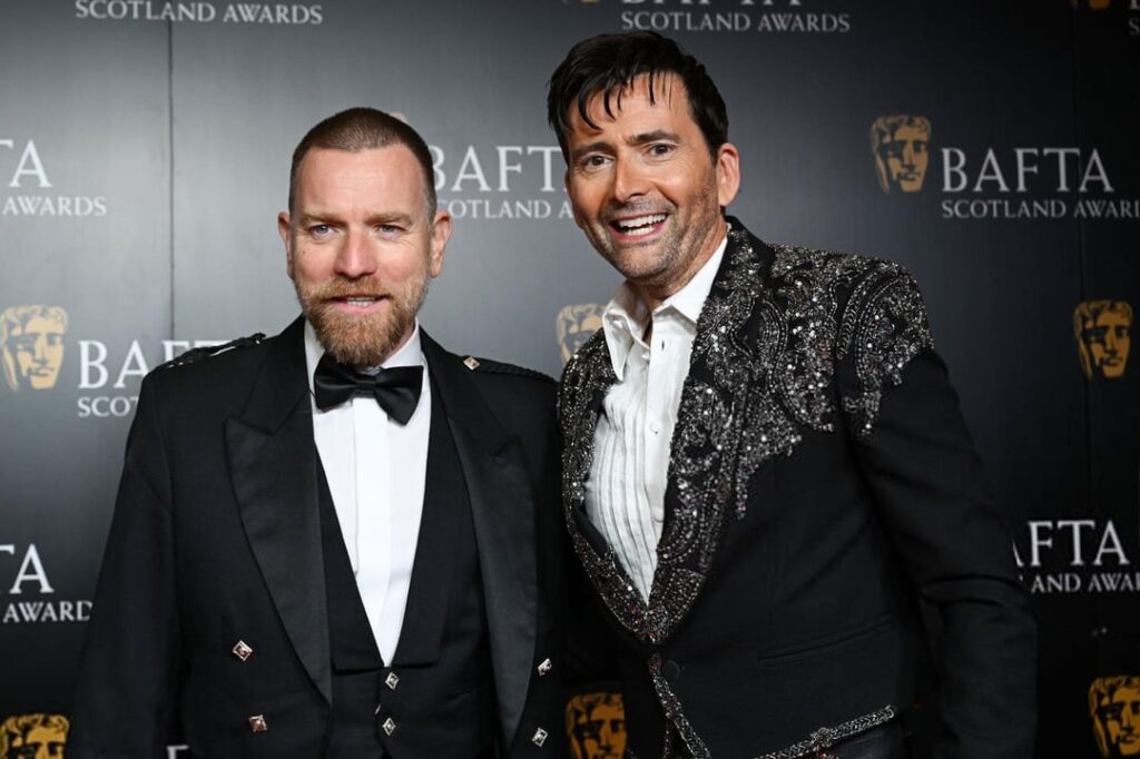 Ewan McGregor and David Tennant (in kilts) at the 2025 BAFTA Scotland Awards (November 16, 2025)