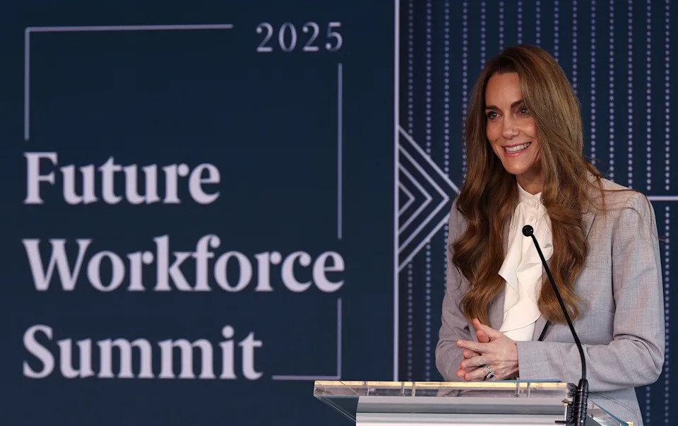 Kate Middleton wearing a pale gray suit giving a speech in front of a sign reading 2025 Future Workforce Summit