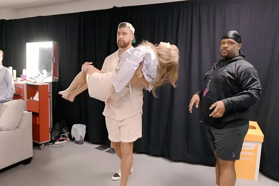 Disney Plus Travis Kelce and Taylor Swift rehearsing for Swift's Eras Tour with Kameron Saunders