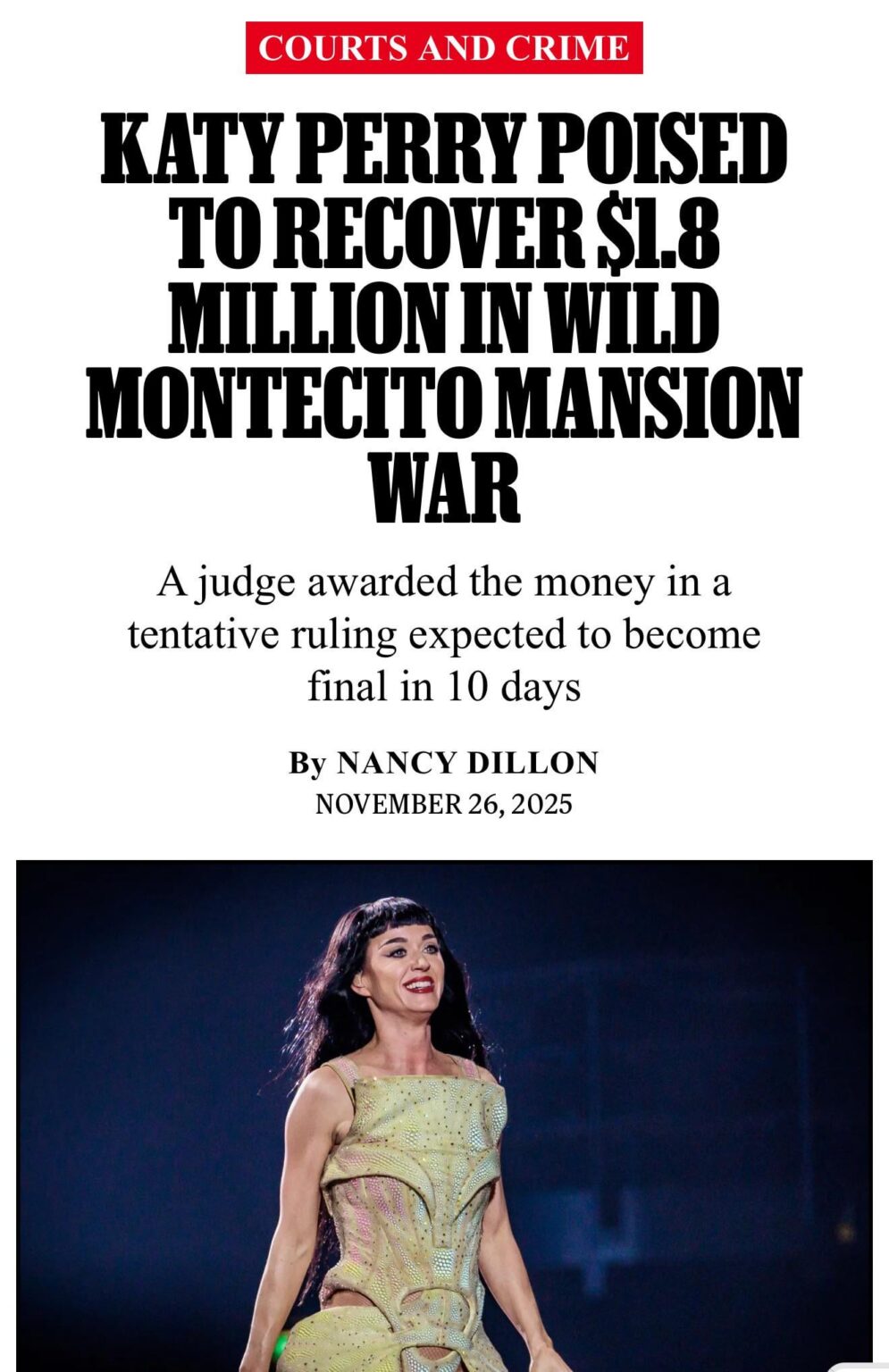 Katy Perry wins lawsuit, due to recoup $1.8 million