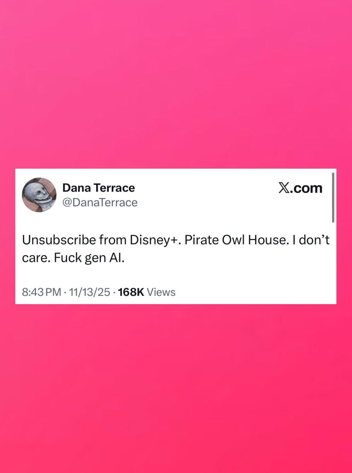 Dana Terrace, the creator of Disney’s popular cartoon “The Owl House” tell people to “Unsubscribe from Disney+” and fuck AI because of they funding of AI content