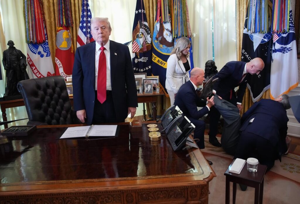 Incredible photos that are worth1,000 words: Trump stands by as attendees help Novo Nordisk executive, Gordon Findlay, after he collapsed during an event on lowering drug prices in the Oval Office, and where Dr. Oz also said that Americans will lose '135 million pounds' by the midterms