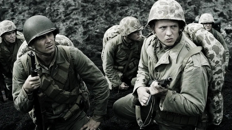 Soldiers lined up in the trenches in Flags of Our Fathers