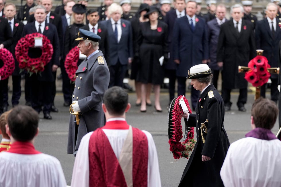 britain's king charles iii (l) and britain's princess anne, princess royal (r) attend the national service of remembrance at the cenotaph on whitehall in central london, on november 12, 2023. remembrance sunday is an annual commemoration held on the closest sunday to armistice day, november 11, the anniversary of the end of the first world war and services across commonwealth countries remember servicemen and women who have fallen in the line of duty since wwi. (photo by kin cheung / pool / afp)