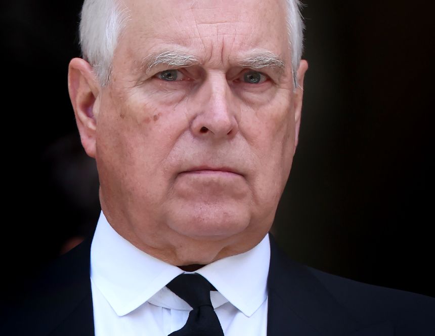 Andrew, then Duke of York, attends the Duchess of Kent's funeral in London on September 16.