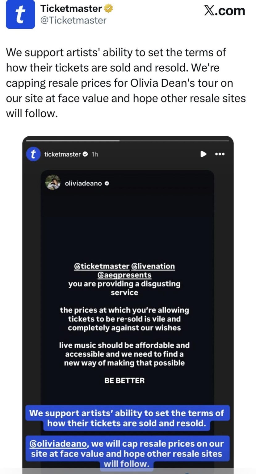 Ticketmaster will cap Olivia Dean’s resale tour tickets at face value at her request