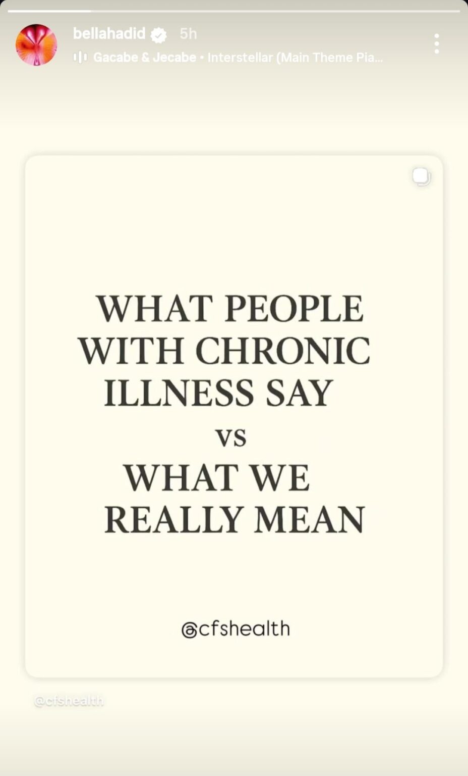 Bella Hadid shares what having a chronic illness feels like via Instagram Story.