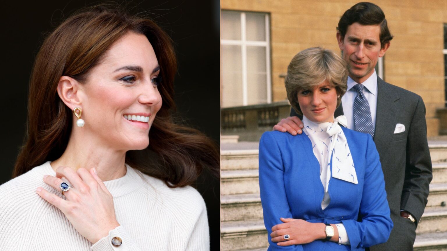 Princess Kate and Princess Diana’s “Extraordinary” Engagement Ring Is Now Worth 1,150% More Than In the ’80s Kate Middleton holding her engagement ring up against her beige sweater; Princess Diana and Prince Charles in their engagement photo