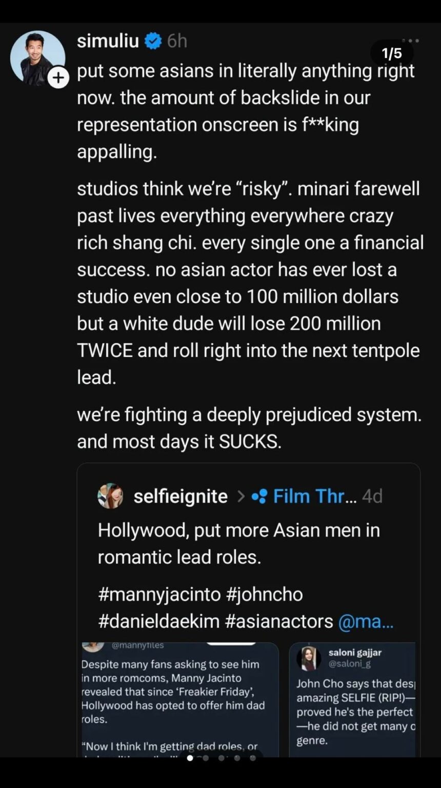 Simu Liu calls out the lack of Asian and Asian male representation in Hollywood.
