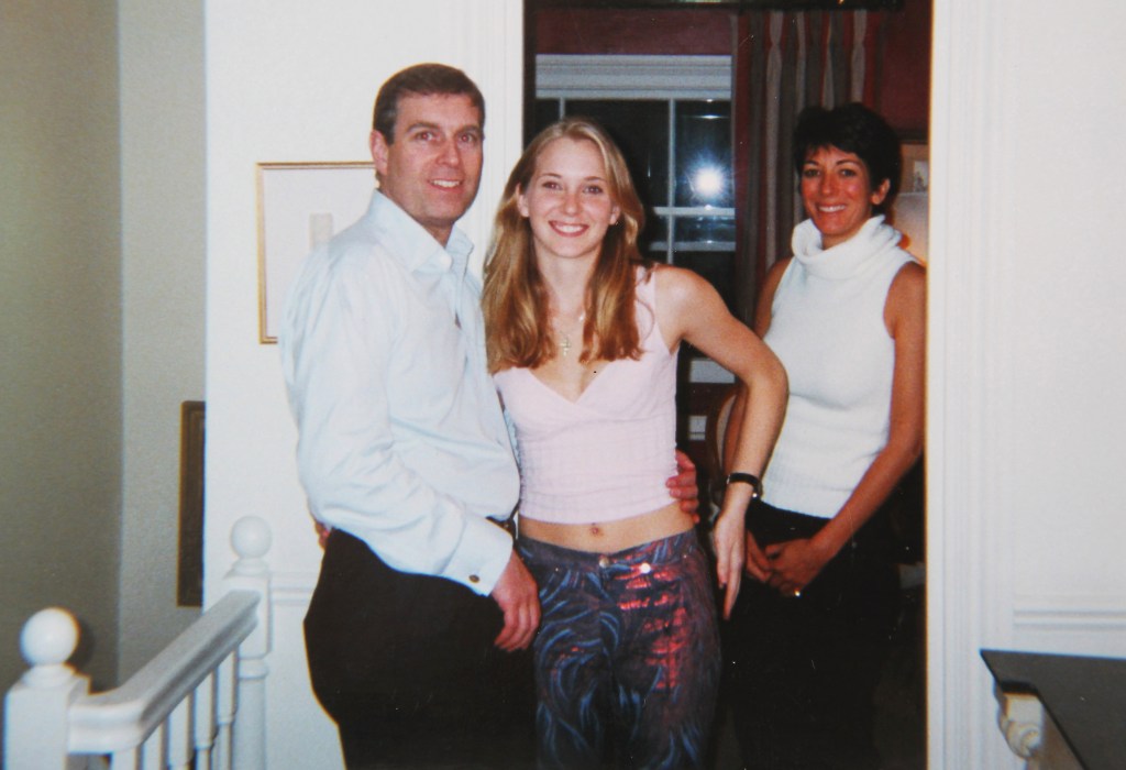 Prince Andrew with his arm around Virginia Giuffre's waist, and Ghislaine Maxwell in the background, all smiling.