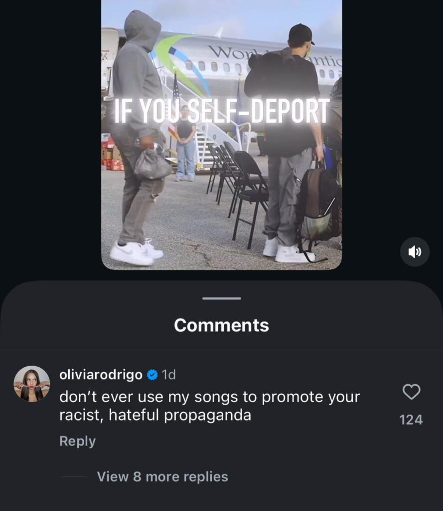 Olivia Rodrigo condemns use of her song “all-american bitch” on the Department of Homeland Security and White House instagram: “don't ever use my songs to promote your racist, hateful propaganda”