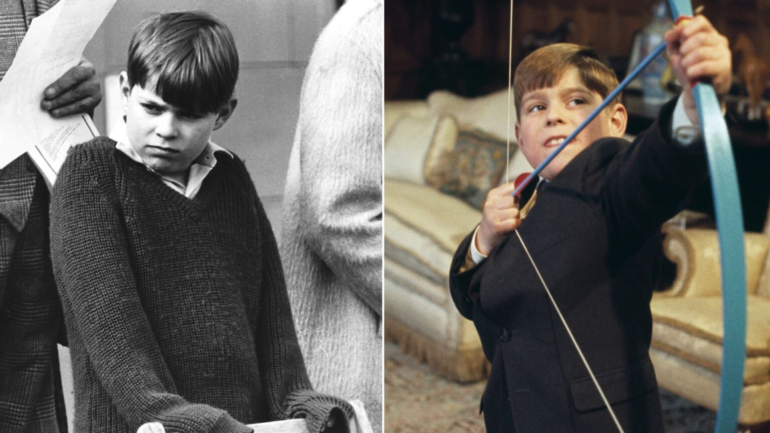 Ex-Prince Andrew as a child fires a bow and arrow inside Windsor Castle in 1969