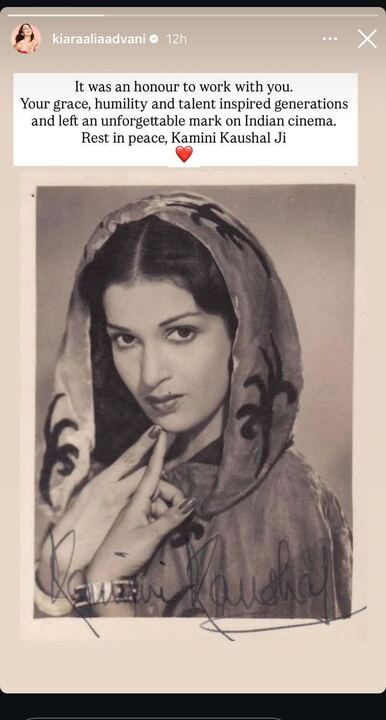 Kiara Advani pays tribute to Kamini Kaushal.