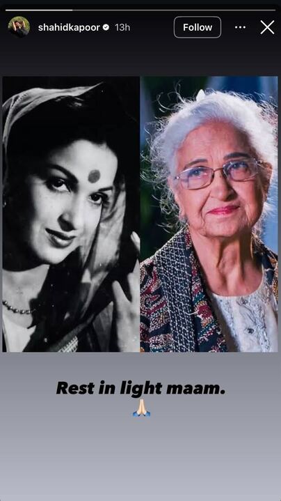 Shahid Kapoor mourns the death of Kamini Kaushal.