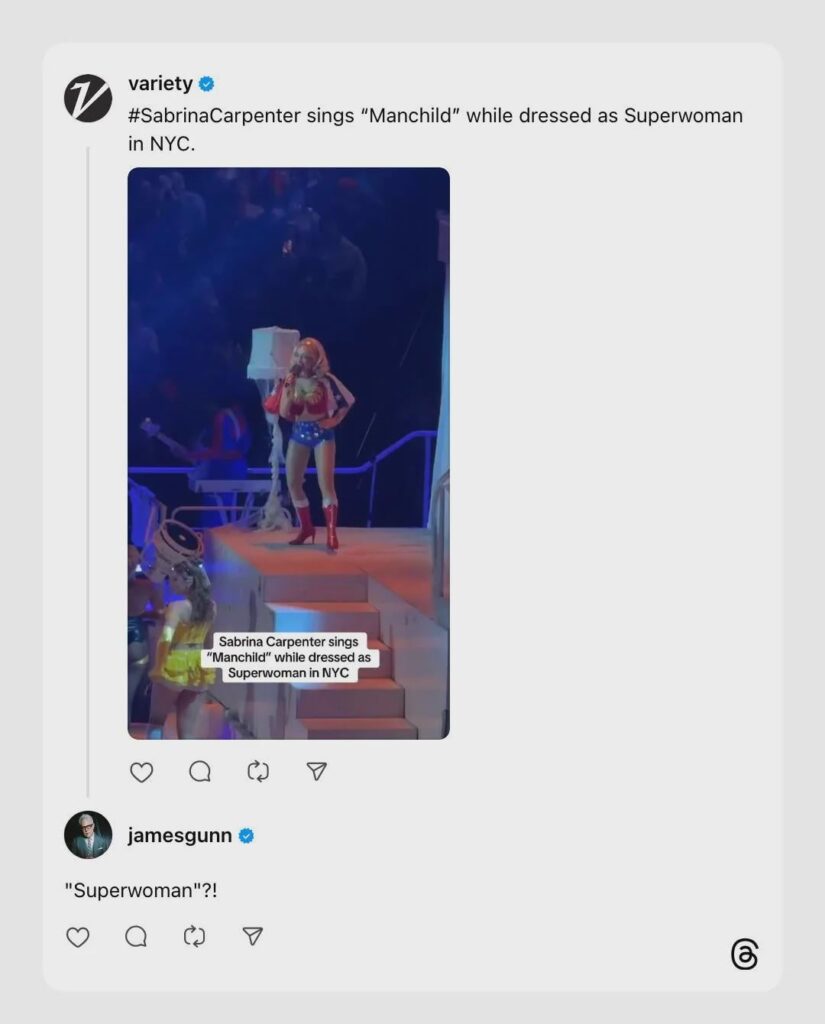 James Gunn reacts to Variety mistakenly labelling Sabrina Carpenter's Wonder Woman costume as "Superwoman"