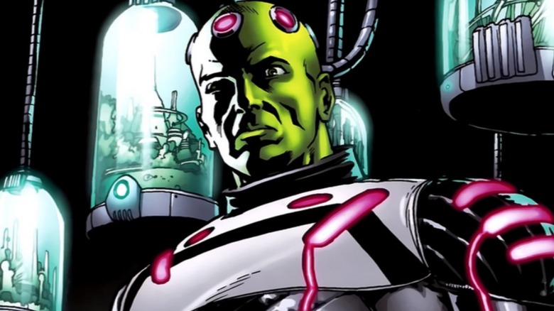 Brainiac looking ominous amidst shrunken cities in Superman