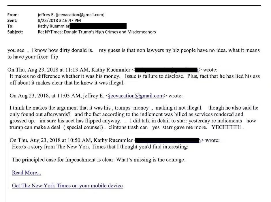 In the new release of the files, Jeffrey Epstein tells Kathy Ruemmler “I know how dirty Donald is” via email