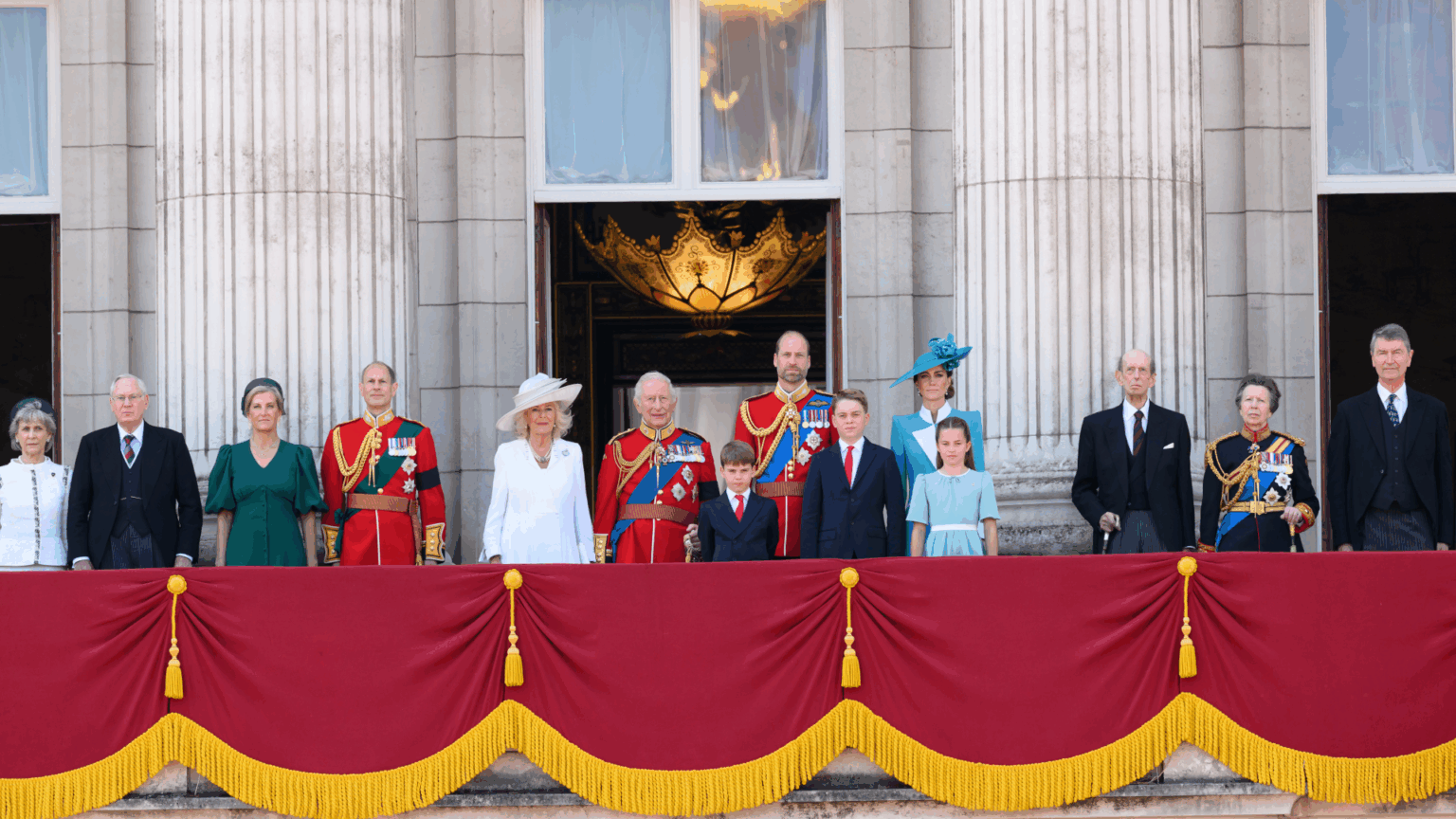 King Charles and members of the Royal Family on the balcony of Buckingham Palace at Trooping the Colour
