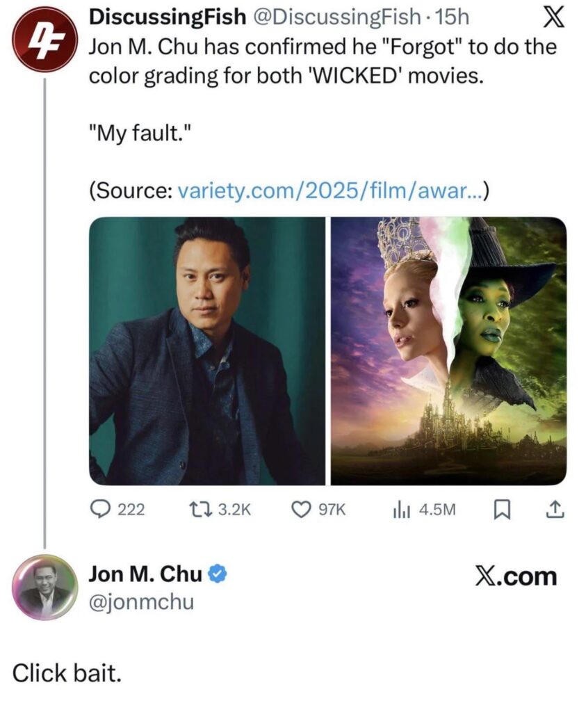 Wicked director Jon M Chu falls for a parody account over a fake article that he “forgot" to color grade the Wicked Films