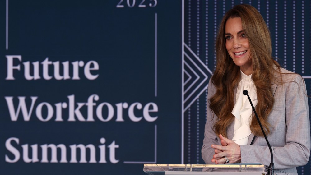 Kate Middleton wears a gray Roland Mouret suit at the Future Workforce Summit, hosted by The Royal Foundation Business Taskforce for Early Childhood on Nov. 18, 2025 in London.