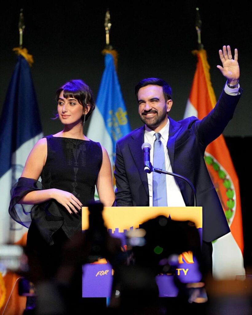 Rama Duwaji wore The Frequency Top from Palestinian-Jordanian designer Zeid Hijazi for her debut appearance as New York's First Lady. (November 4, 2025)