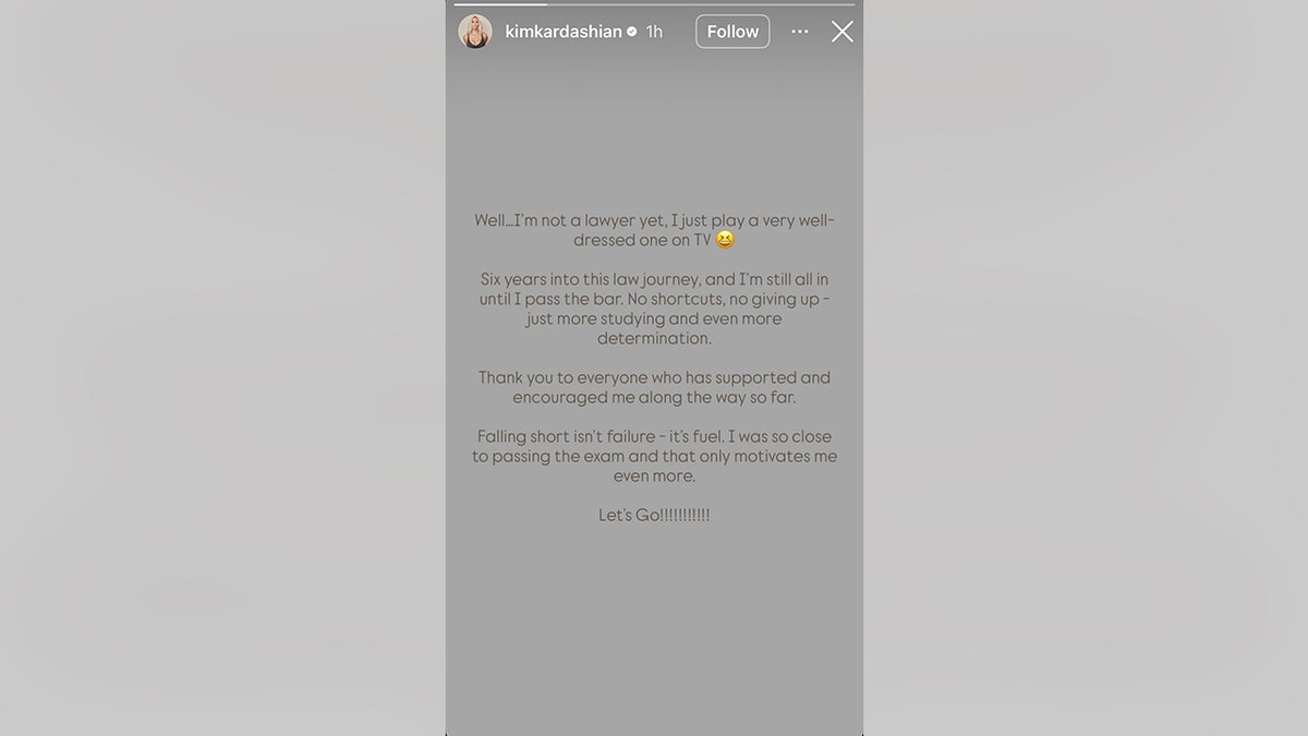 A screenshot of Kim Kardashian's Instagram story letting fans know she failed the bar exam.