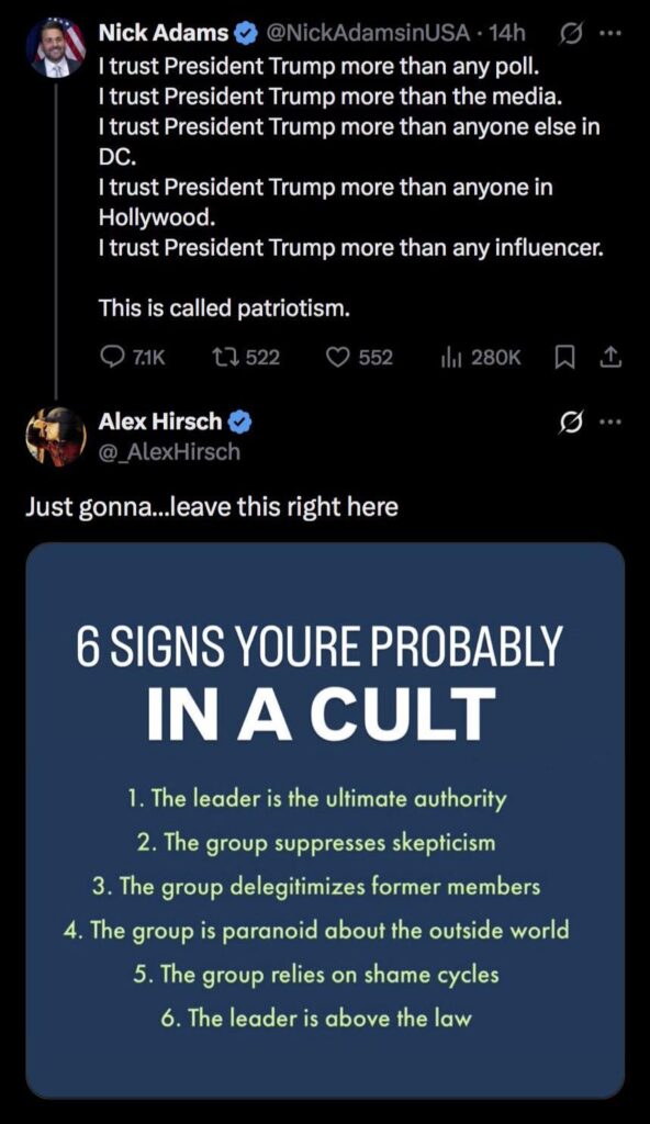 Gravity Falls creator, Alex Hirsch, respond to Nick Adams “Patriotism” post with “6 signs you’re probably in a cult”