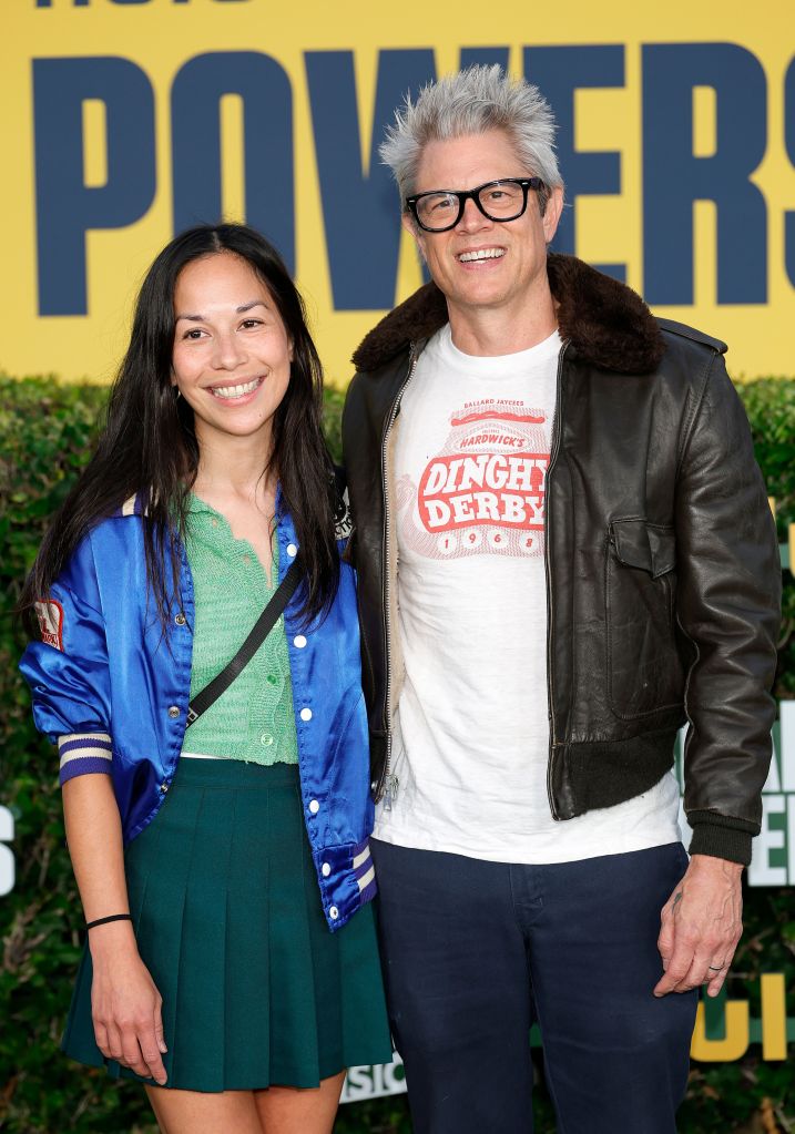 Emily Ting and Johnny Knoxville attend the Red Carpet Premiere of Hulu's "Chad Powers" at Rose Bowl Stadium on September 25, 2025 in Pasadena, California.