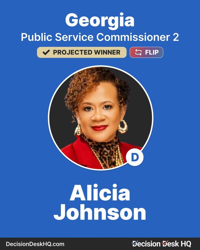 Democrats Alicia Johnson & Peter Hubbard projected to flip Georgia Public Commissioner Seats, defeating incumbent Republican candidates Tim Echols & Fitz Johnson