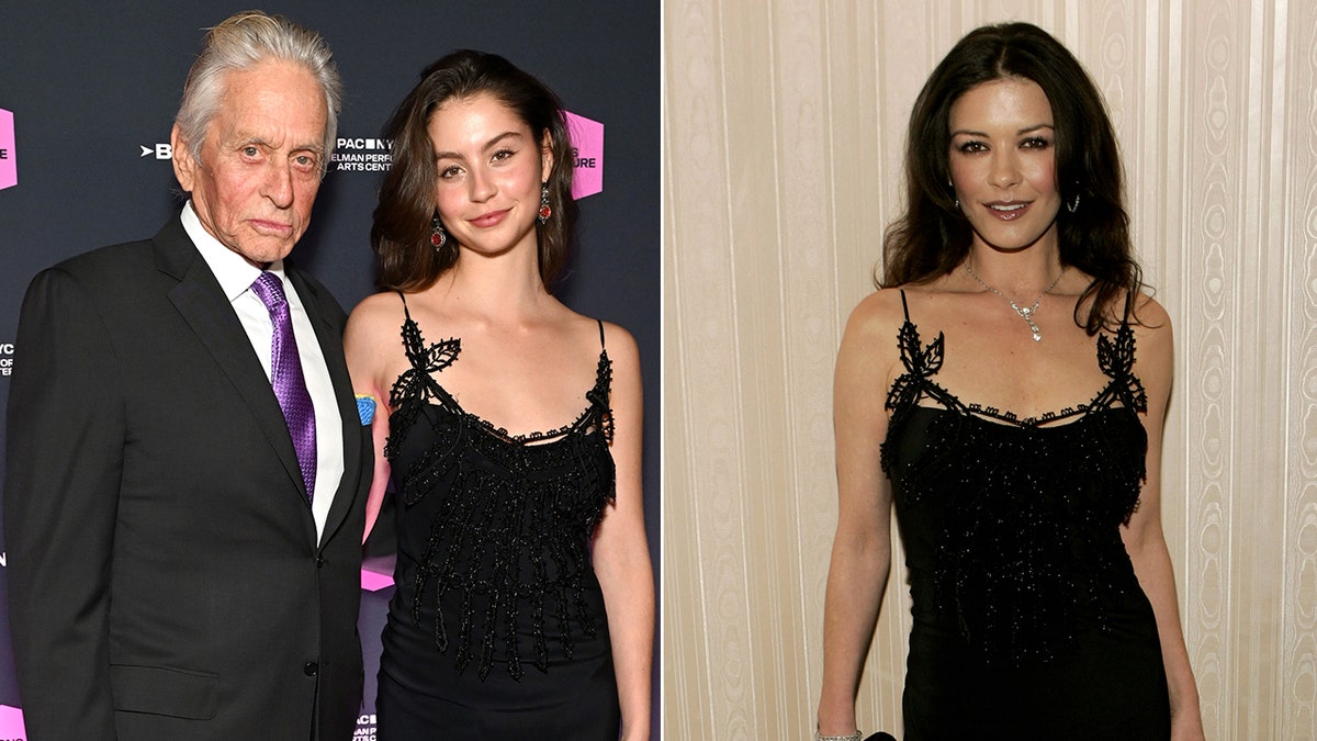 Michael Douglas in a suit and tie pictured with his daughter Carys Zeta Douglas, who is wearing a black dress; Catherine Zeta-Jones pictured in 2005 wearing a black dress