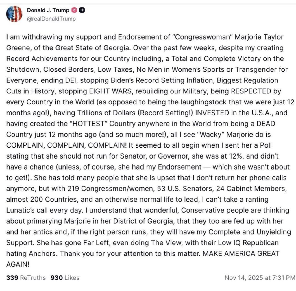 Trump blasts and withdraws support Marjorie Taylor Greene