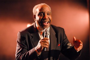 American R&B, Soul, and Funk musician Jerry Butler (also known as the Iceman) co-hosts the Rhythm & Blues Foundation's 13th annual Pioneer Award ceremony at the Manhattan Center, New York, New York, February 20, 2003. He also performed at the event. (Photo by Jack Vartoogian/Getty Images)