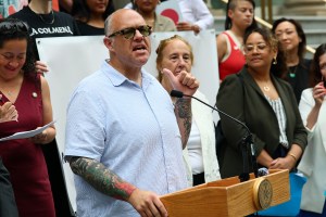 NEW YORK, NEW YORK - JUNE 26: Council Member Justin Brannan speaks during a press conference at City Hall on June 26, 2025 in New York City. City Council Members were joined by various organizations and immigrant rights activist as they call on New York City Mayor Eric Adams to support adding funding for immigration legal services to help protect New Yorkers as they go through the immigration process ahead of the June 30th deadline for the city budget. (Photo by Michael M. Santiago/Getty Images)