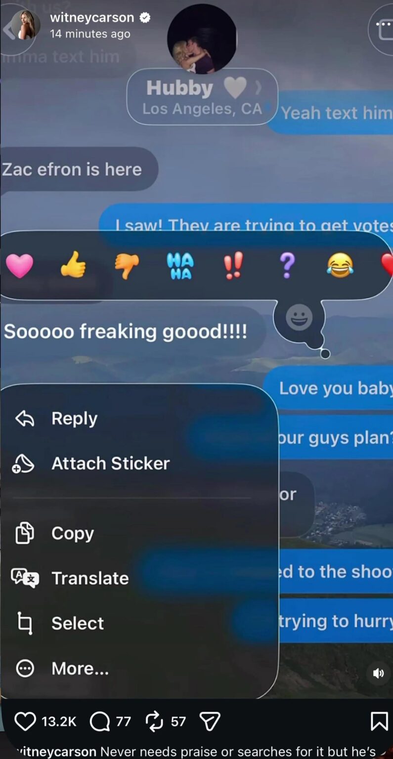Witney Carson posts and deletes text to husband about Zac Efron attending DWTS for votes