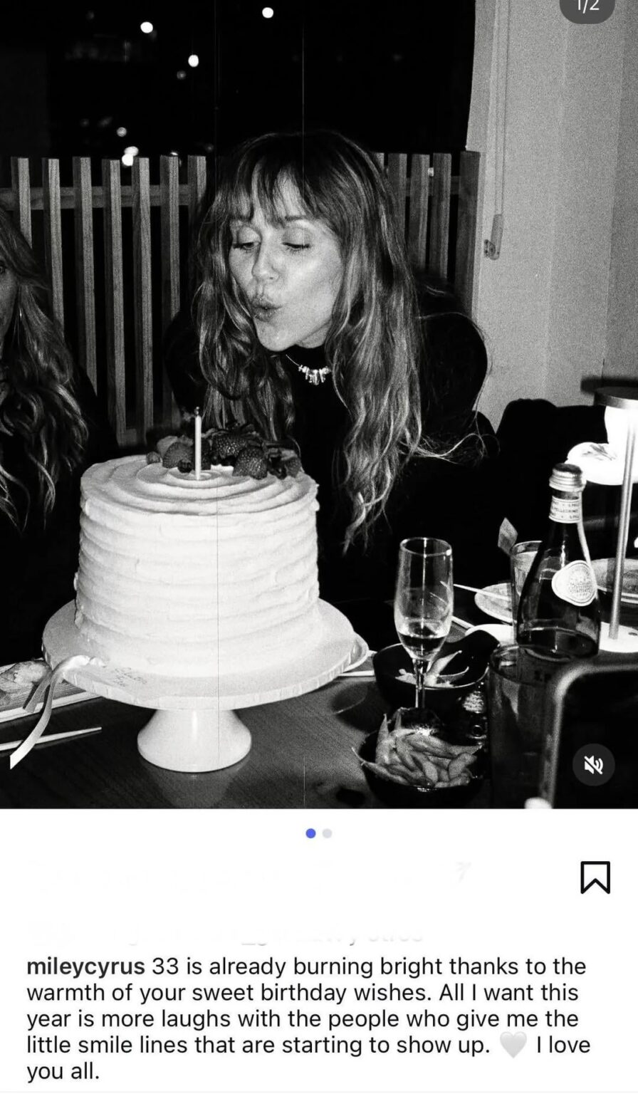 Miley Cyrus celebrates her 33rd birthday: ‘33 is already burning bright thanks to the warmth of your sweet birthday wishes. All I want this year is more laughs with the people who give me the little smile lines that are starting to show up. 🤍 I love you all.’ Miley Cyrus celebrates her 33rd birthday: ‘33 is already burning bright thanks to the warmth of your sweet birthday wishes. All I want this year is more laughs with the people who give me the little smile lines that are starting to show up. 🤍 I love you all.’