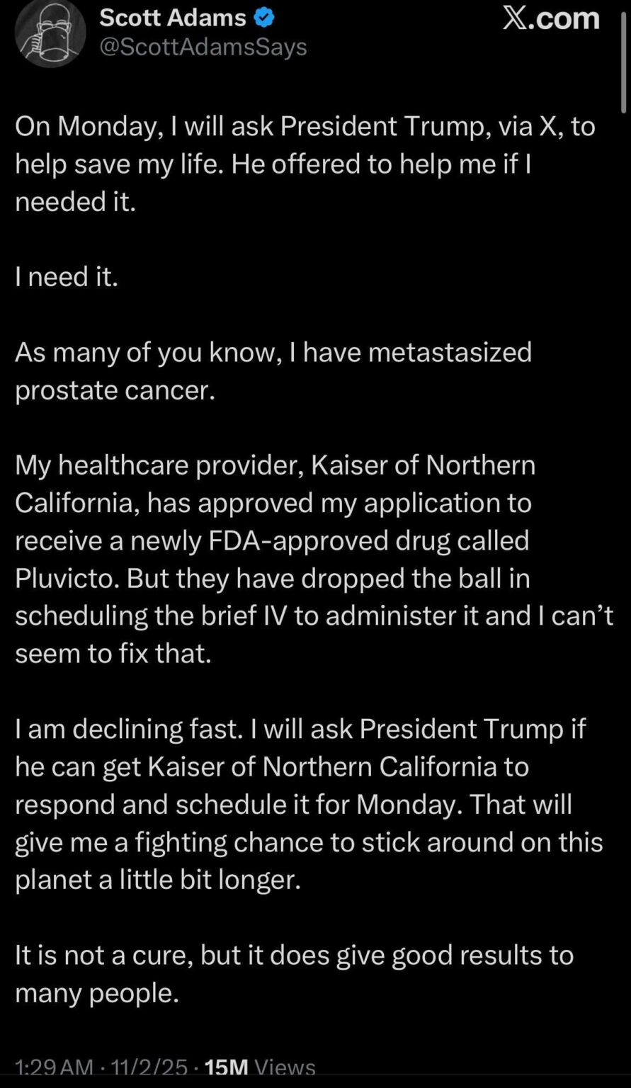 'I am declining fast': controversial Dilbert creator begs Trump to 'save his life' as he fights cancer