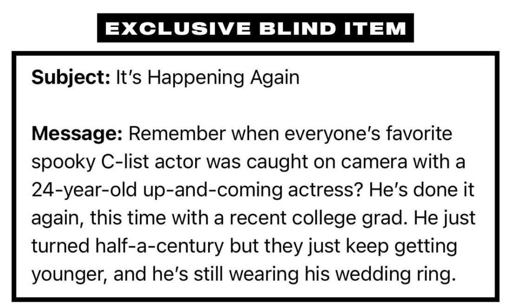Which 50 year old, spooky C-list actor, who was once caught on camera with a 24 year old actress, was spotted with a recent college grad?