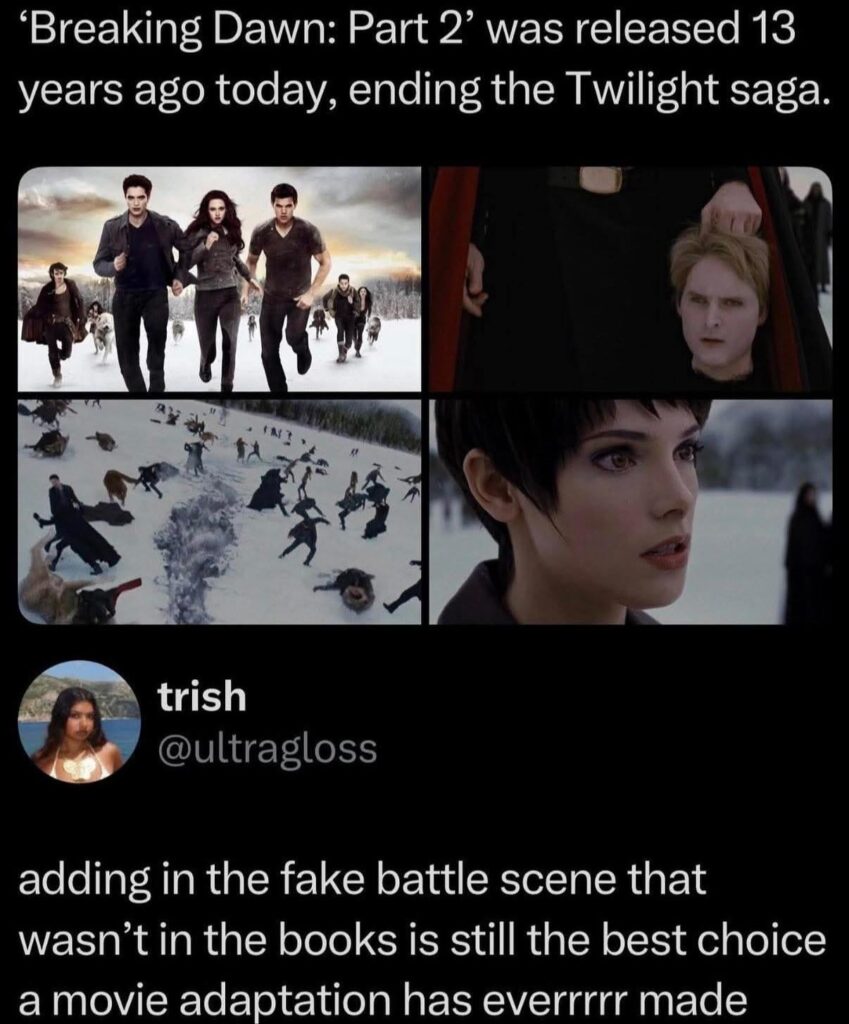13 years ago, Twilight Breaking Dawn part 2 premiered and gave us one of the most iconic plot twists