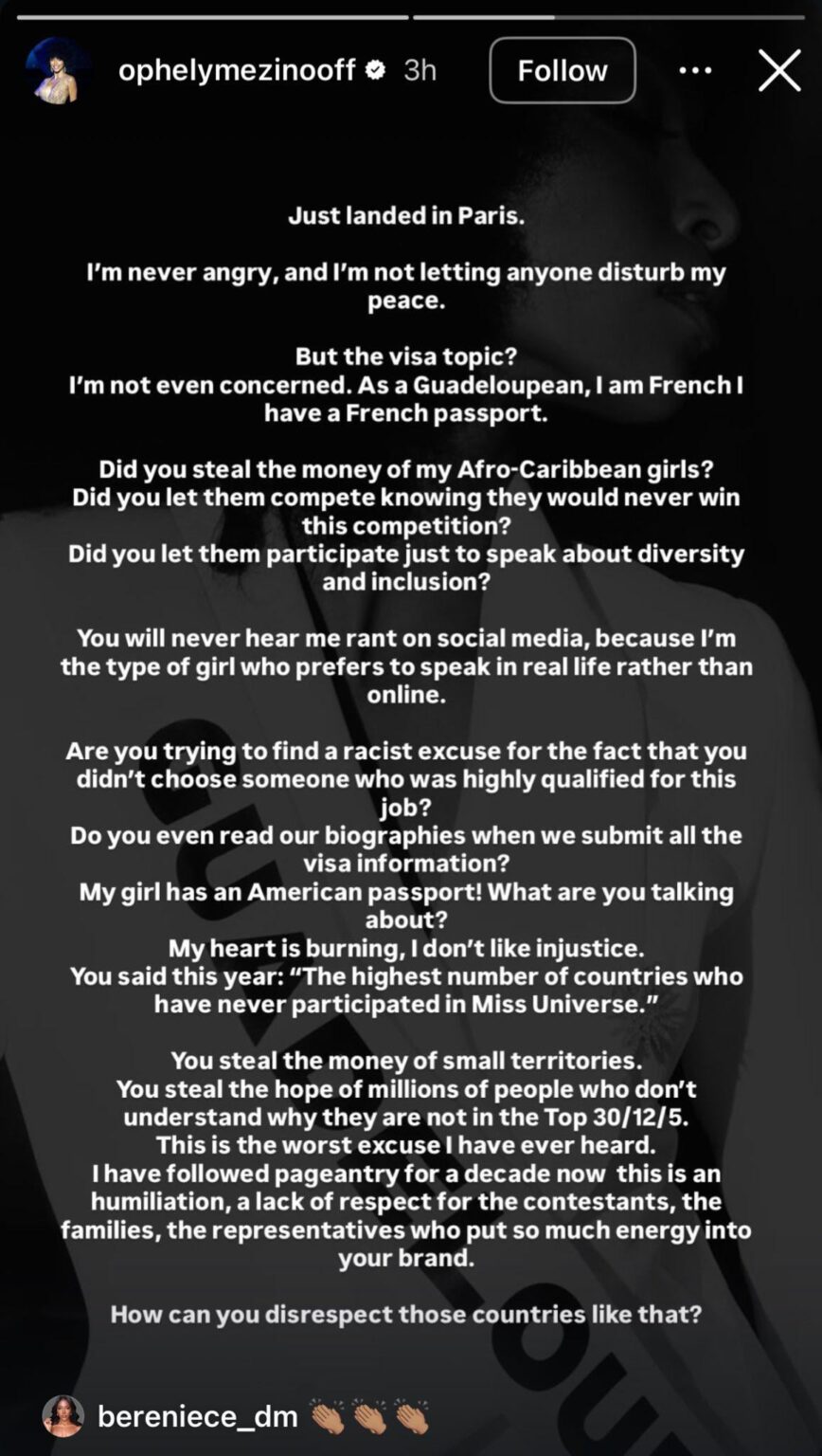 Miss Guadalupe, Naomi Torrent, speaks out against the Miss Universe owner for saying Miss Côte-d’Ivoire didn’t win due to having a weak passport: “Are you trying to find a racist excuse for the fact that you didn’t choose someone who was highly qualified for the job?” Miss Guadalupe, Naomi Torrent, speaks out against the Miss Universe owner for saying Miss Côte-d'Ivoire didn't win due to having a weak passport: "Are you trying to find a racist excuse for the fact that you didn't choose someone who was highly qualified for the job?"
