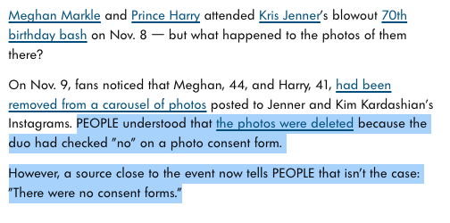 People Magazine backtracks on claim that Harry and Meghan checked 'no' on a photography consent form at Kris Jenner's birthday party, now says 'there were no consent forms'