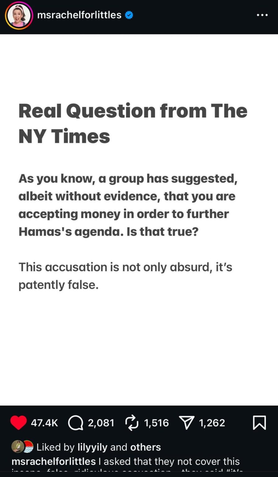 Ms Rachel says The New York Times asked her if she’s funded by Hamas