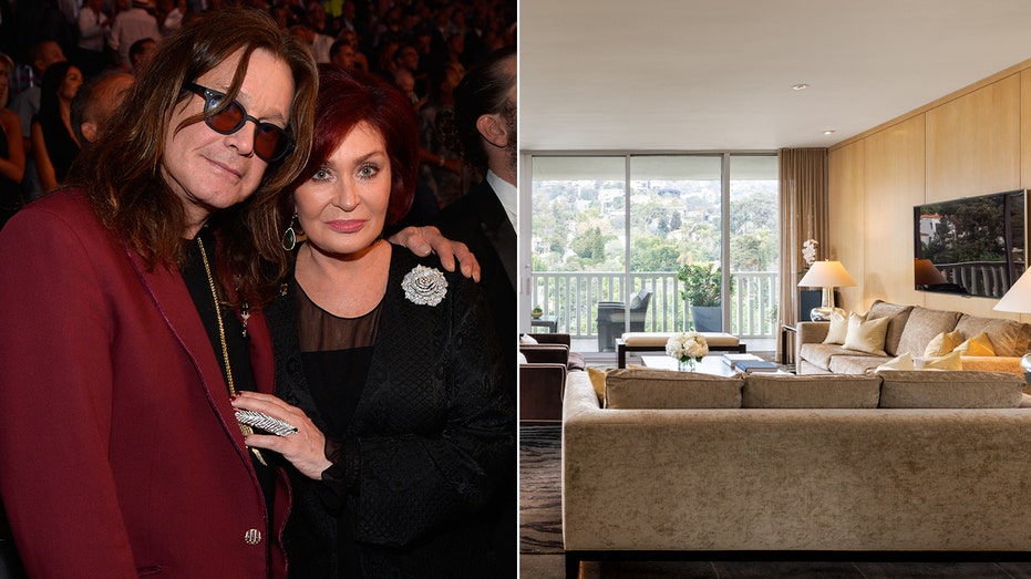 Ozzy and Sharon Osbourne at a Showtime event split with an image of the inside of their Los Angeles condo.