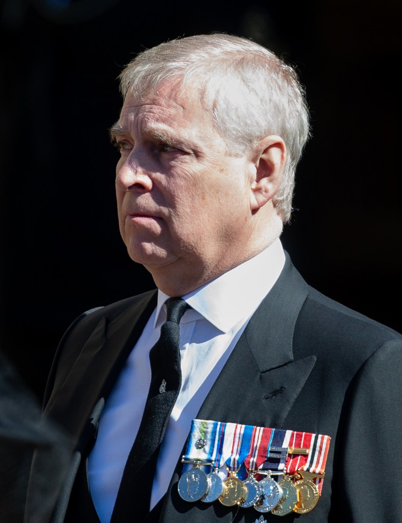 Prince Andrew, Duke of York, wearing a suit, tie, and military medals.