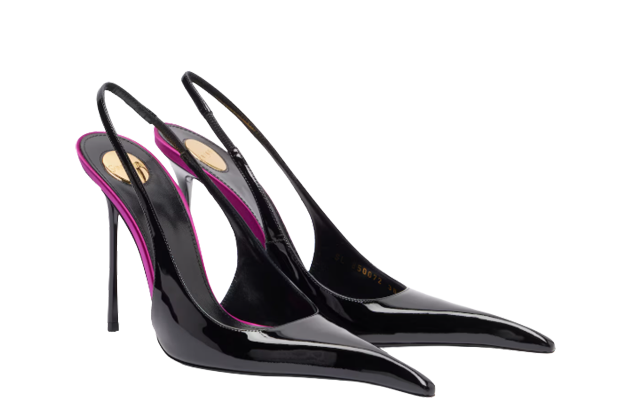 Black patent leather slingback pumps with fuchsia lining.
