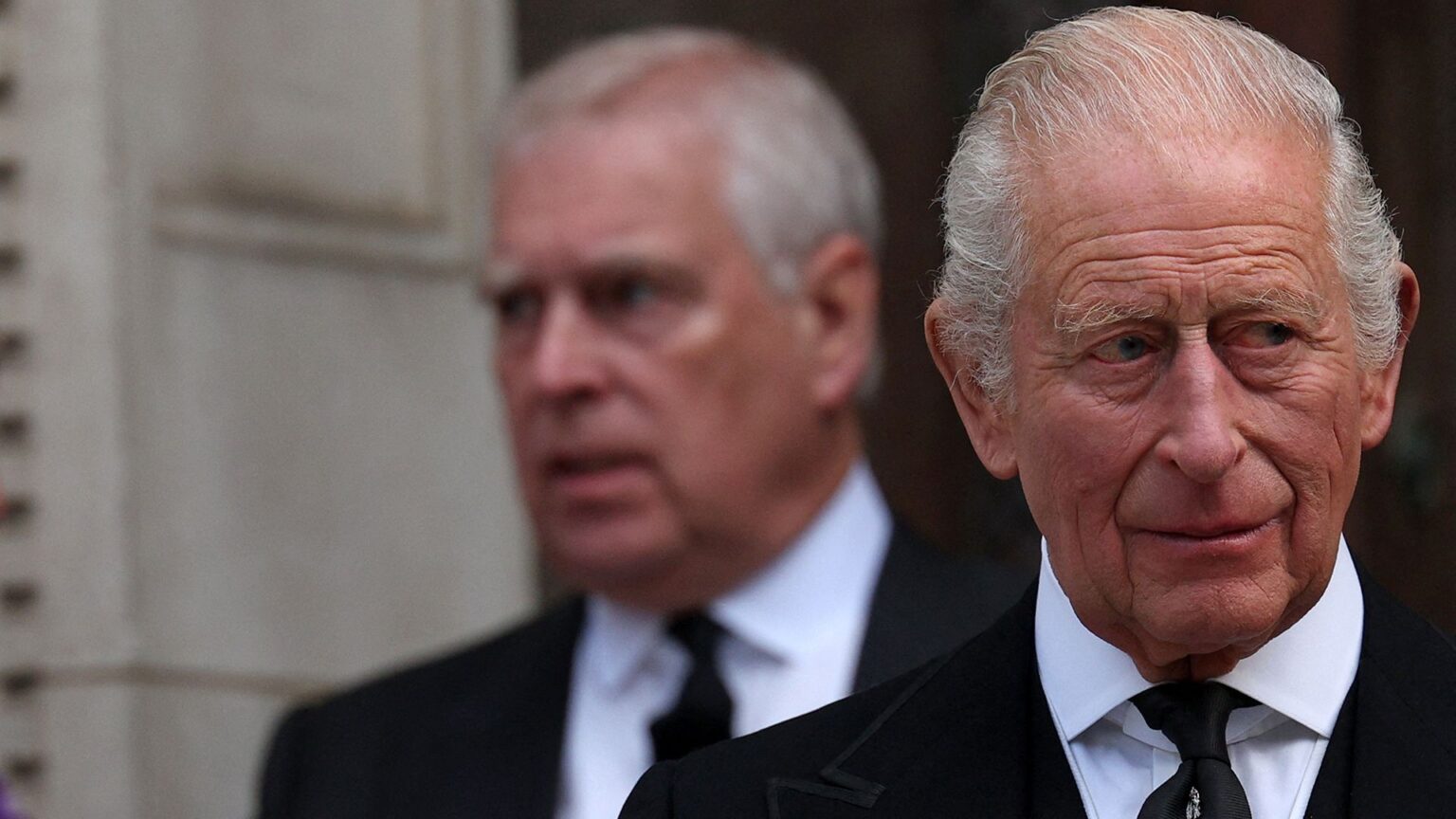 Britain's Prince Andrew, Duke of York (L) and Britain's King Charles III leave following a Requiem Mass, a Catholic funeral service, for the late Katharine, Duchess of Kent, at Westminster Cathedral in London on September 16, 2025. Britain's Duchess of Kent, known for her links to the Wimbledon tennis tournament and for anonymously teaching music at a primary school. The duchess, a talented pianist, organist and singer, was born Katharine Worsley into an aristocratic family in Yorkshire, northern England. (Photo by Adrian Dennis / AFP) (Photo by ADRIAN DENNIS/AFP via Getty Images)