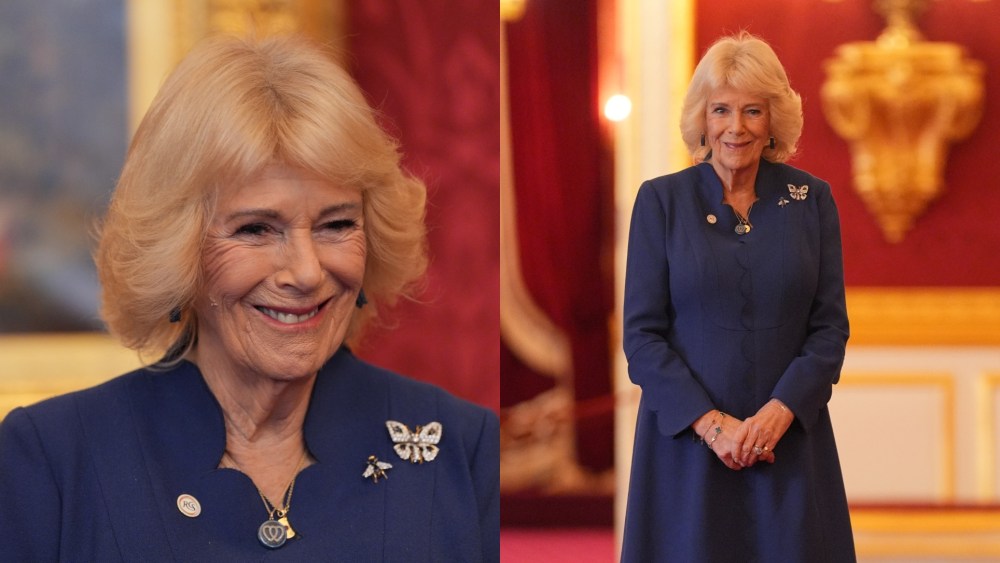 Queen Camilla wears an Anna Valentine dress at a reception to celebrate the winners of the Queen's Commonwealth Essay Competition at St James's Palace on Nov. 20, 2025 in London.