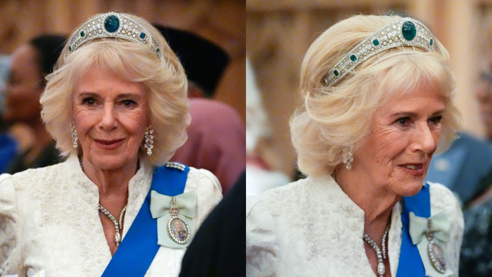 Queen Camilla wears a Fiona Clare gown and the Greville Emerald Kokoshnik Tiara at the Diplomatic Corps reception at Windsor Castle on Nov. 18, 2025 in Windsor, England.
