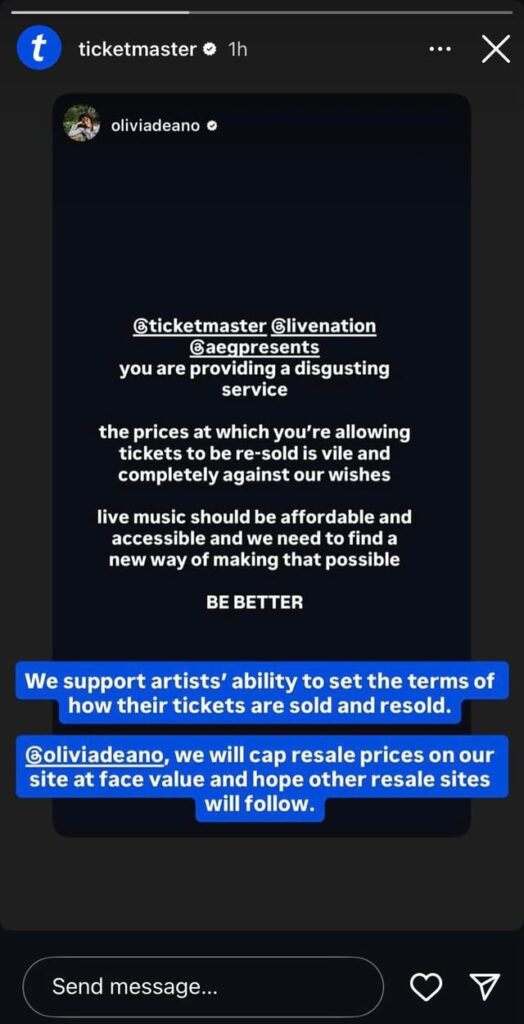 Olivia Dean calls out Ticketmaster & Live Nation: you are providing a disgusting service. The prices you’re allowing tickets to be re-sold is vile and completely against our wishes Olivia Dean calls out Ticketmaster & Live Nation: you are providing a disgusting service. The prices you’re allowing tickets to be re-sold is vile and completely against our wishes