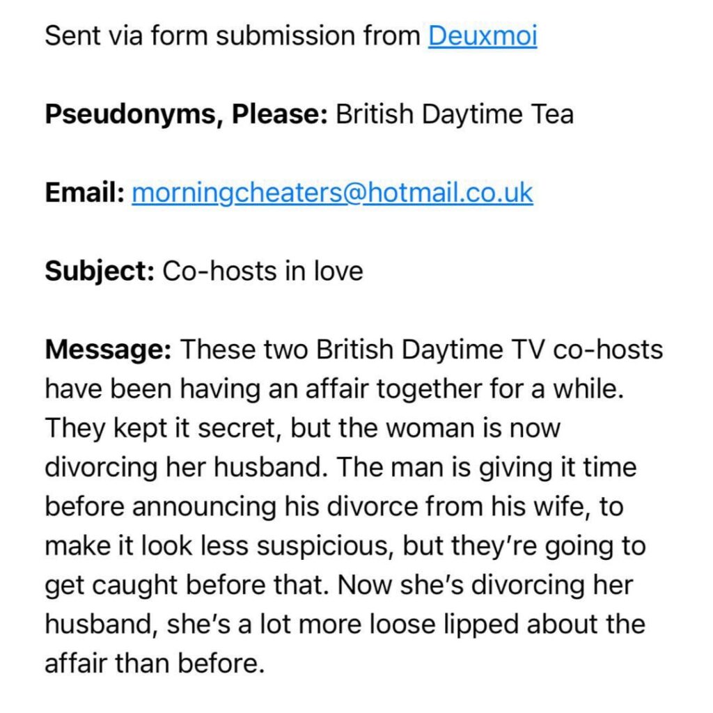 Which two British Daytime TV co-hosts have been having affair & are spacing out their divorces with their respective spouses to not draw suspicion?
