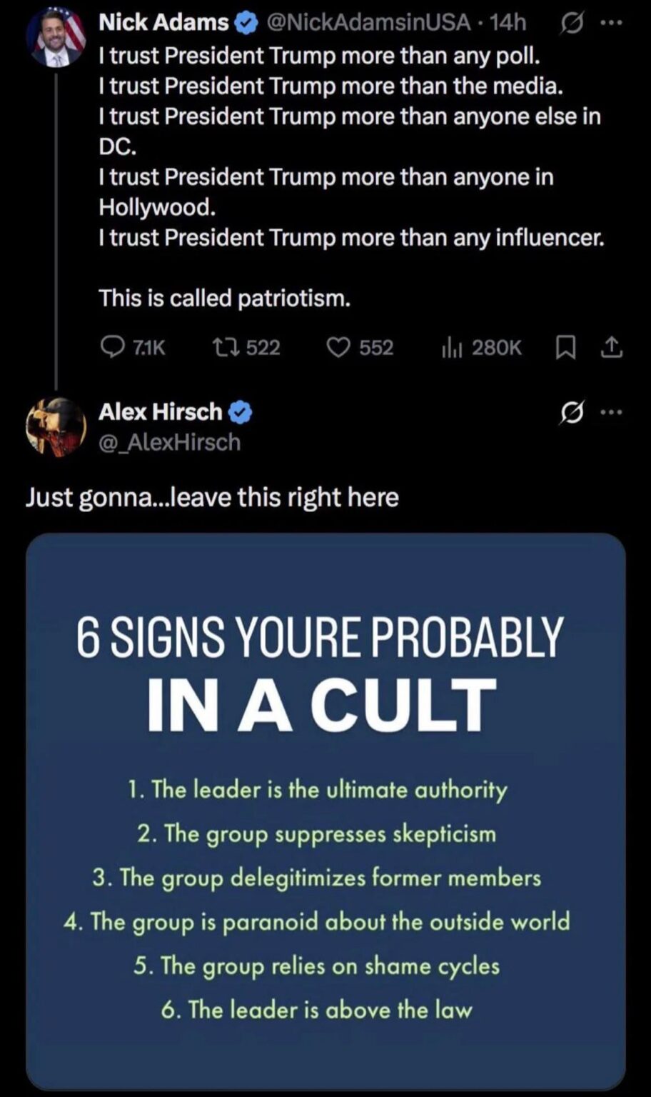 Gravity Falls creator, Alex Hirsch, respond to Nick Adams "Patriotism" post with "6 signs you're probably in a cult"